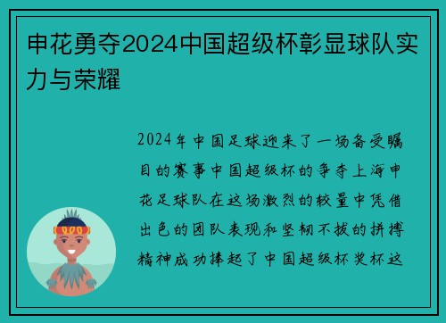 申花勇夺2024中国超级杯彰显球队实力与荣耀